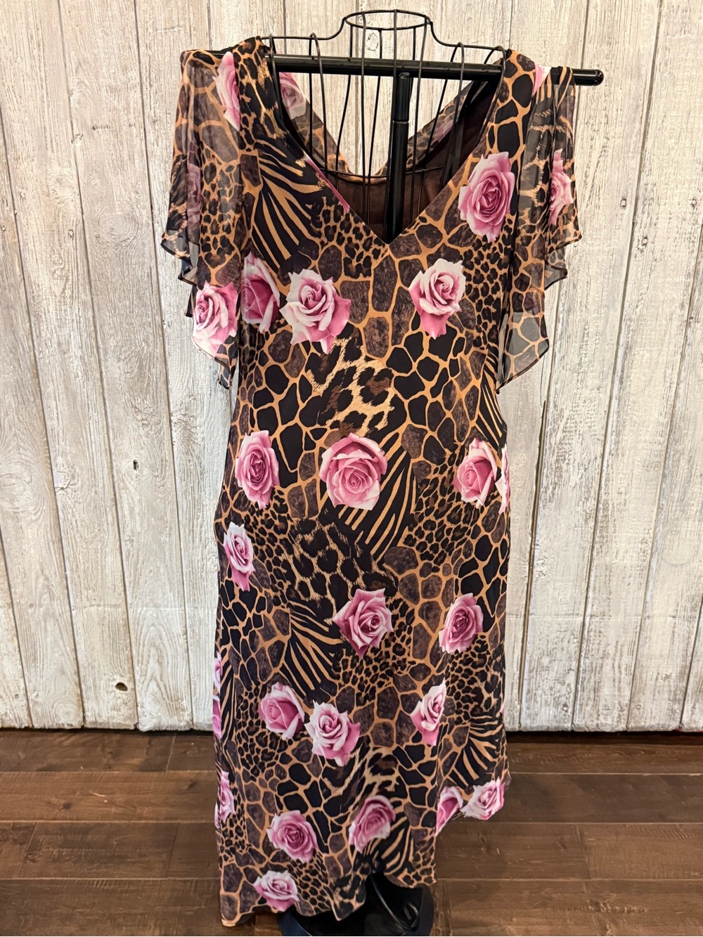 Patra Vintage Cowl Neck Midi Dress in Pink Rose & Leopard Print - Picture 4 of 9